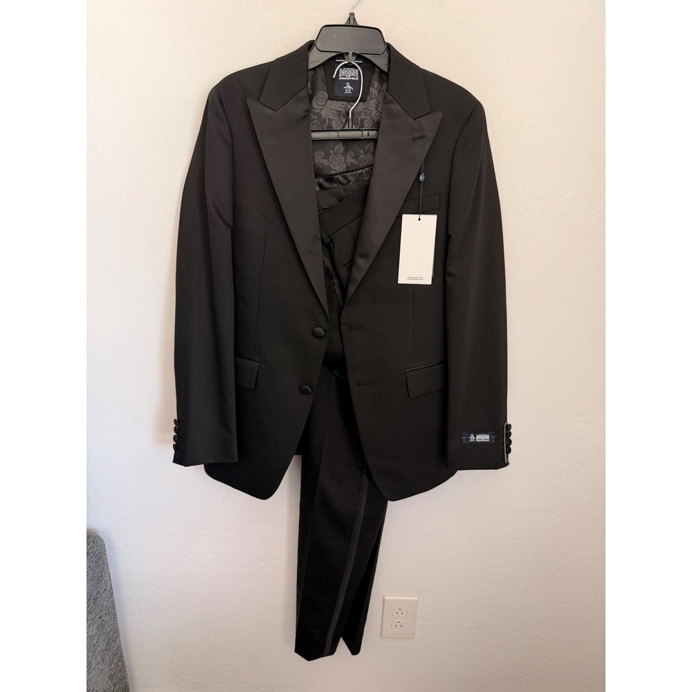 Original Penguin Mens 2 Piece Slim Fit Stretch Tuxedo Suit Black 38R 32W NEW